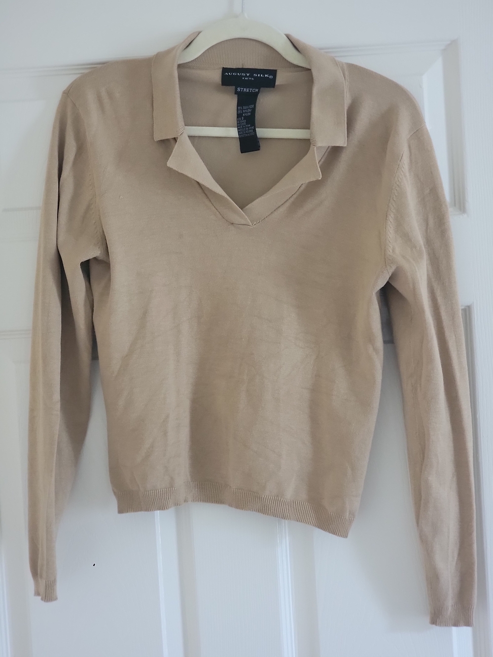 August Silk Tan Collared V-neck Knit Top
